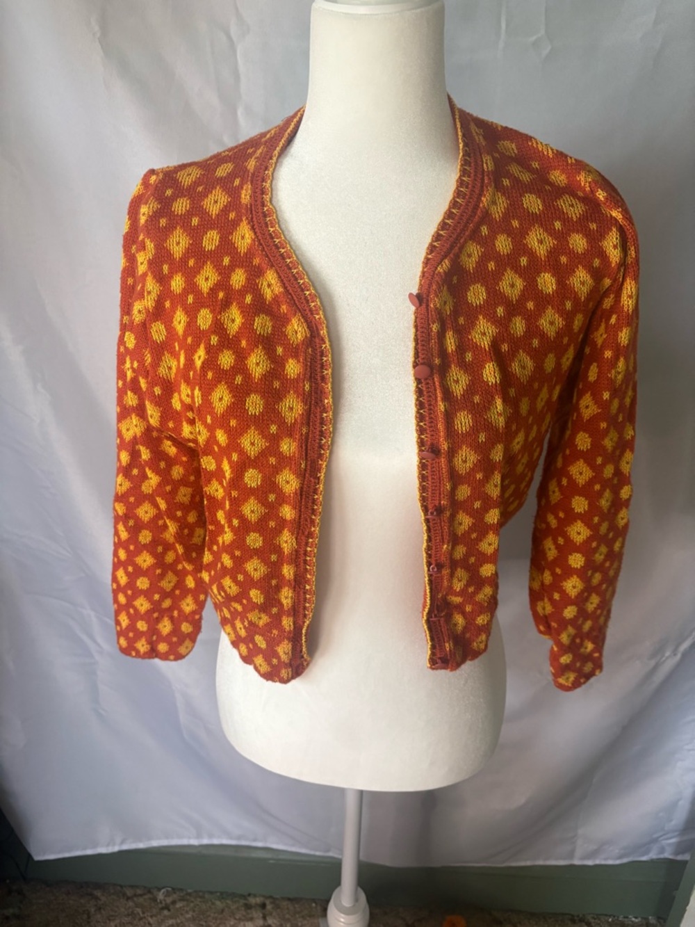 Andre Hayat Geometric Knit Cardigan Sweater Orange Yellow Button Front Women